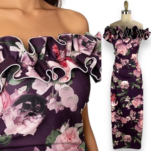 Xscape Womens Ruffled Long Evening Dress Sz 14 / Purple w pink floral design - Picture 5 of 7